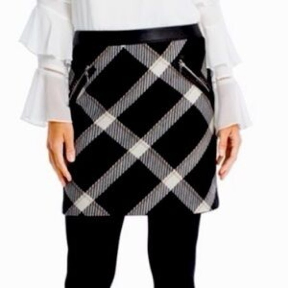 White House Black Market Wool Blend Plaid Skirt Faux Leather Waistband Size 10